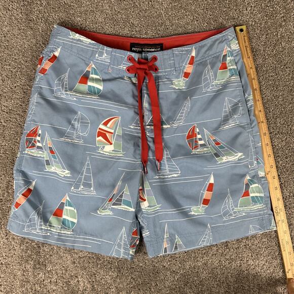Reyn Spooner Board Shorts Mens 32 Baby Blue AOP Sailboat Schooner Print 7” Vaca - Picture 4 of 7